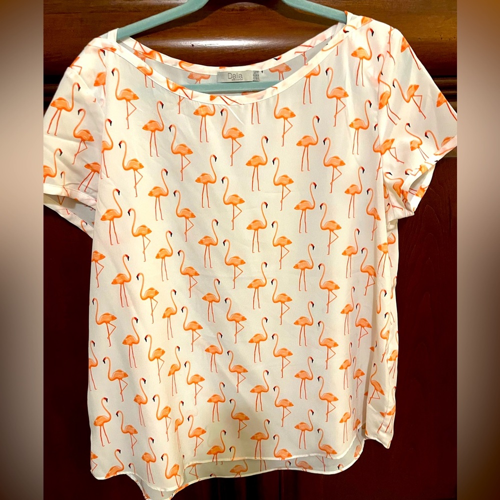 Dalia Pink White Flamingo Florida Summer Fun Blouse Top Shirt XL